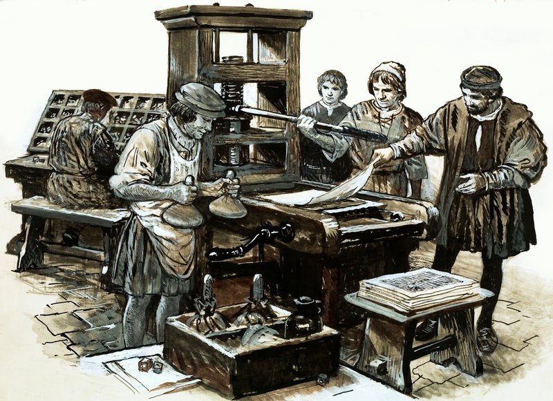 The third printing press in England was set up in St. Albans in 1480 (gouache on paper) بواسطة مدرسة اللغة الإنجليزية