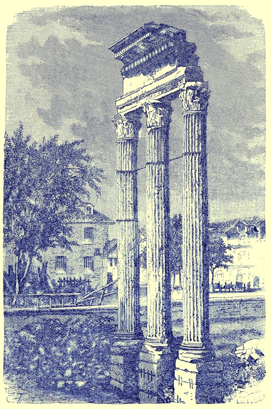 الأعمدة الثلاثة في معبد كاستور ، توضيح من تاريخ روما بقلم فيكتور دوروي ، نُشر عام 1884 (صورة محسنة رقميًا) بواسطة مدرسة اللغة الإنجليزية