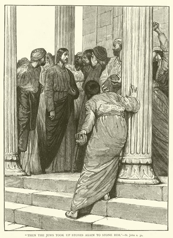 "ثم أخذ اليهود مرة أخرى الحجارة ليرجموه" ، القديس يوحنا ، العاشر ، 31 (نقش) بواسطة مدرسة اللغة الإنجليزية