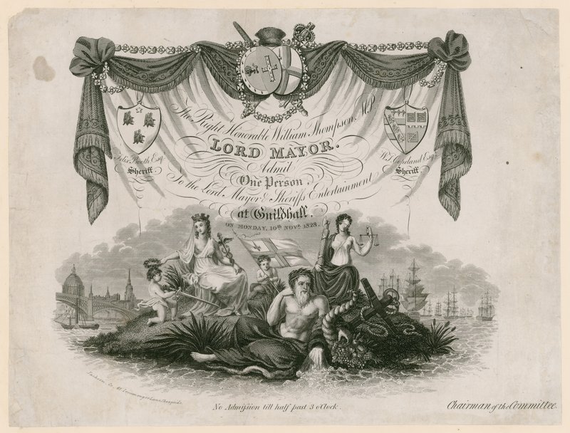 تذكرة دخول إلى Lord Mayors Entertainment في ١٠ نوفمبر ١٨٢٨ بواسطة مدرسة اللغة الإنجليزية