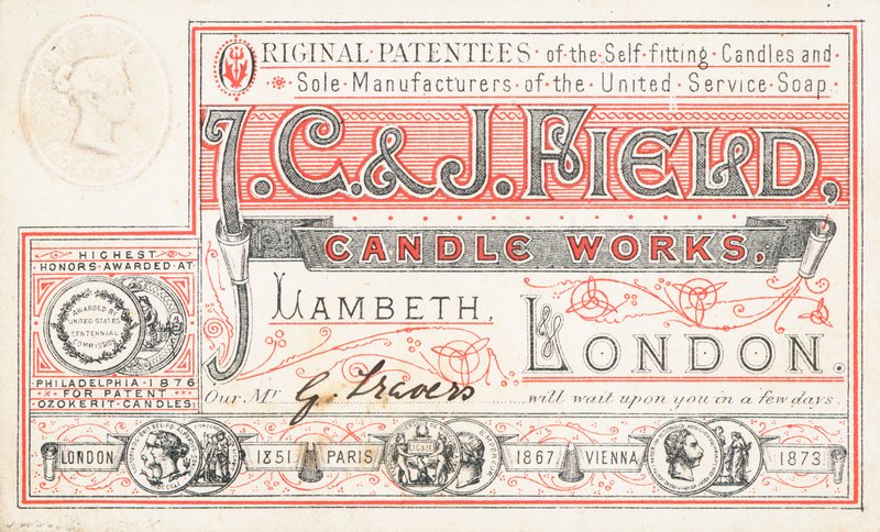 بطاقة تجارية ، JC و J Field Candle Works بواسطة مدرسة اللغة الإنجليزية