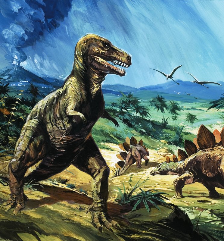 مشهد ديناصور مجهول مع T-Rex و Stegasaurus بواسطة مدرسة اللغة الإنجليزية