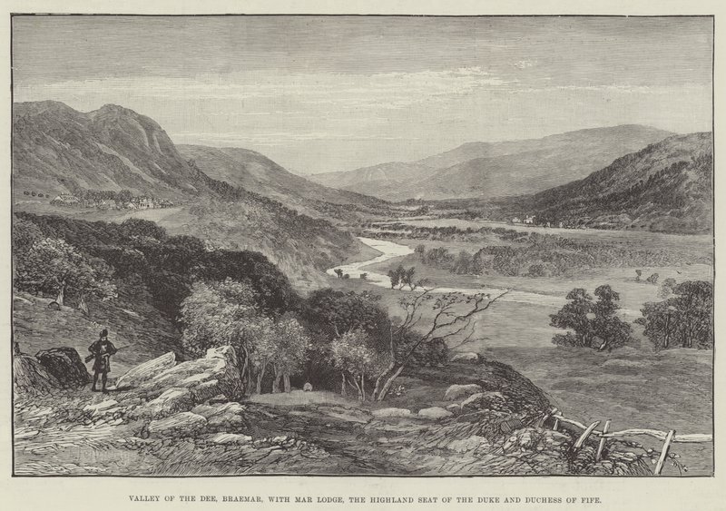 Valley of the Dee, Braemar, with Mar Lodge, the Highland Seat of the Duke and Duchess of Fife (engraving) بواسطة مدرسة اللغة الإنجليزية