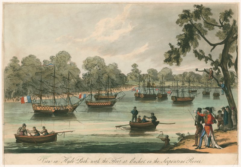عرض في هايد بارك مع الأسطول في مرساة على نهر سربنتين. نعوماتشيا. سلام 1814 (نقش ملون) بواسطة مدرسة اللغة الإنجليزية