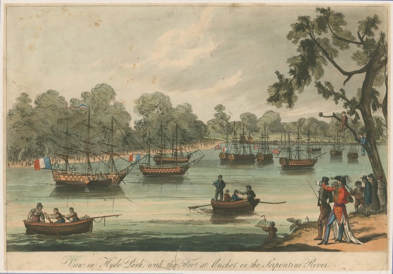 منظر في هايد بارك مع الأسطول عند المرساة على نهر سربنتين. نوماتشيا. سلام عام 1814 بواسطة مدرسة اللغة الإنجليزية