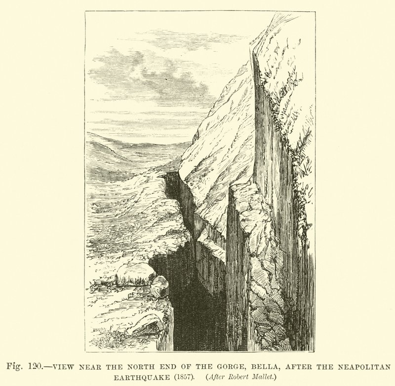 منظر بالقرب من الطرف الشمالي للخانق ، بيلا ، بعد زلزال نابولي ، 1857 بواسطة مدرسة اللغة الإنجليزية