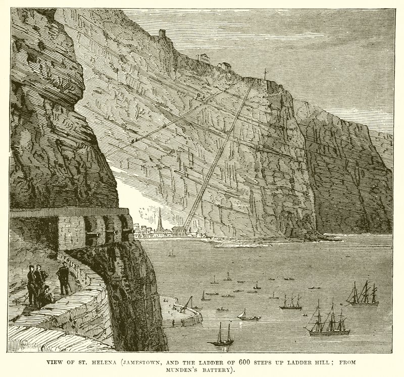 منظر لسانت هيلينا (Jamestown ، وسلم 600 خطوة صعودًا إلى Ladder Hill ؛ من Mundens Battery) بواسطة مدرسة اللغة الإنجليزية