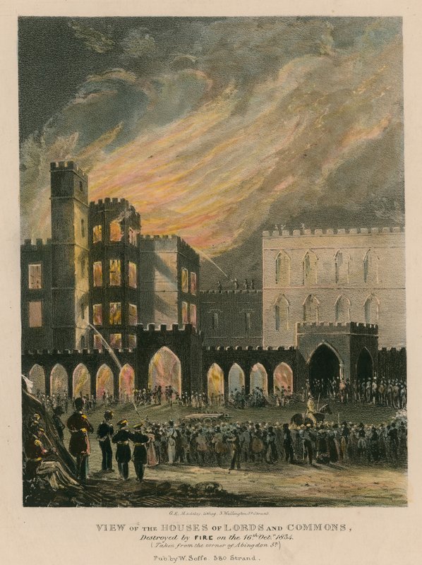 منظر لمجلس اللوردات والعموم ، دمره الحريق في 16 أكتوبر 1834 بواسطة مدرسة اللغة الإنجليزية