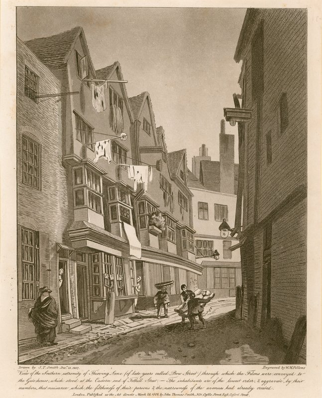 منظر للامتداد الجنوبي لـ Thieving Lane (في السنوات الأخيرة يسمى Bow Street) بواسطة مدرسة اللغة الإنجليزية