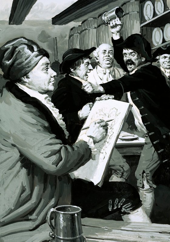 أول رسم ساخر لـ William Hogarth مستوحى من شجار حانة (غواش على ورق) بواسطة مدرسة اللغة الإنجليزية