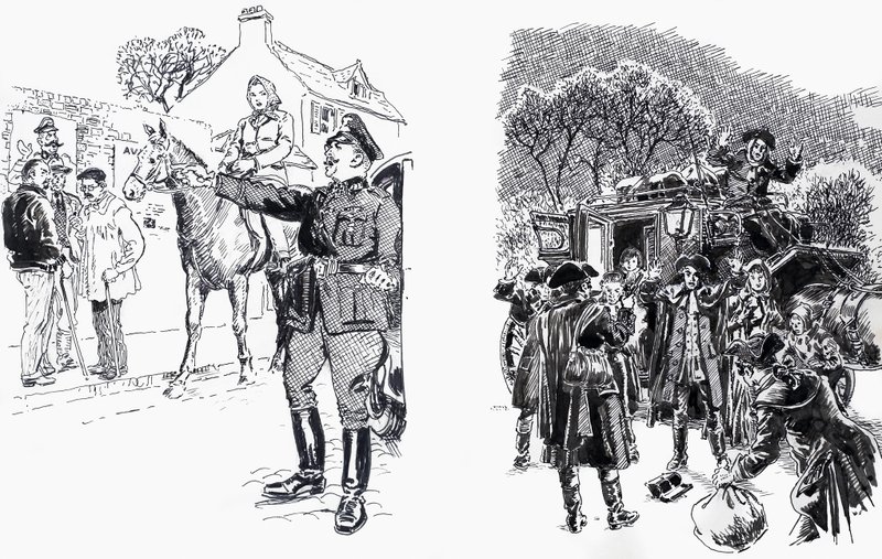 امرأة على الحصان مع ضابط بالإضافة إلى Highwaymen بواسطة مدرسة اللغة الإنجليزية