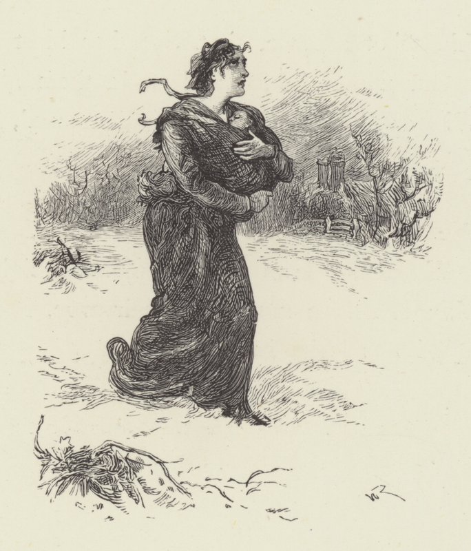 المرأة، ب، إمرأة، إلى داخل، تساقط الثلج، (engraving) بواسطة مدرسة اللغة الإنجليزية