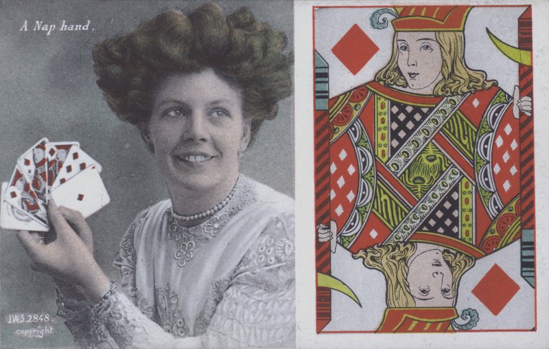 Woman with playing cards and the Jack of Diamonds (colour litho) بواسطة مدرسة اللغة الإنجليزية