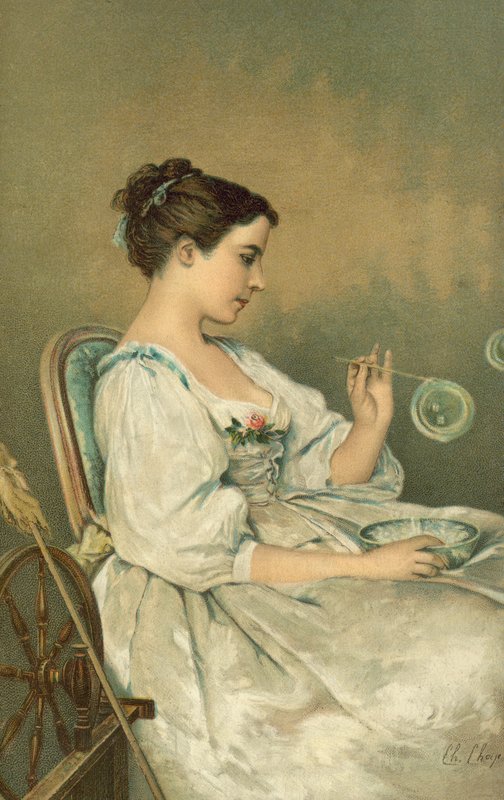 المرأة الشابة, نفخ الفقاعات, (chromolitho) بواسطة مدرسة اللغة الإنجليزية