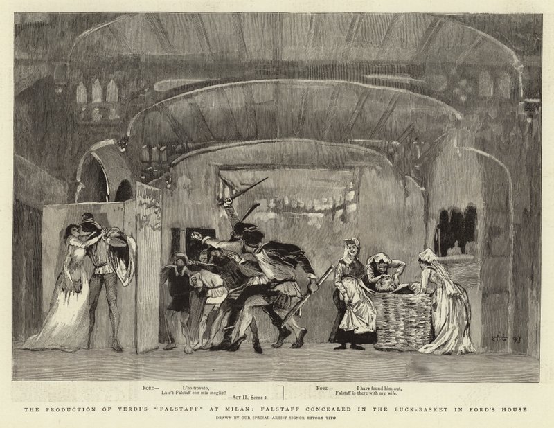 إنتاج Falstaff من Verdi في ميلانو ، أخفى Falstaff في Buck-Basket في Ford&39;s House بواسطة إيتوري تيتو