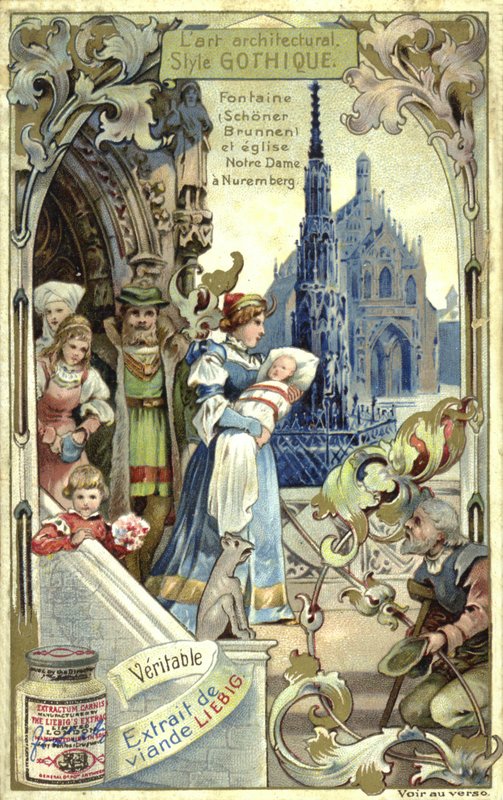 العمارة القوطية؛ نافورة Schoener Brunnen و Frauenkirche ، نورمبرغ (chromolitho) بواسطة المدرسة الأوروبية