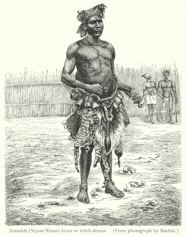 Azandeh (Nyam-Nyam) binsa أو witch-doctor (النقش) بواسطة المدرسة الأوروبية