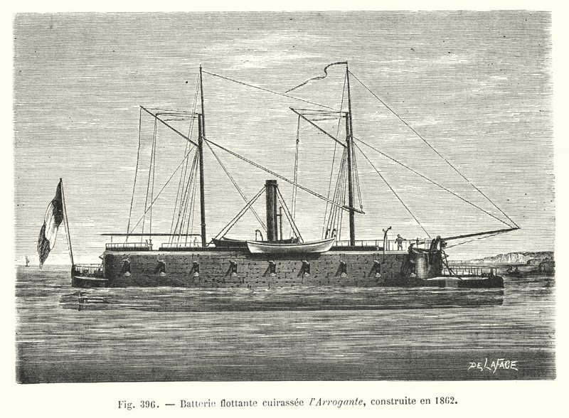 بطارية عائمة مصفحة من طراز l'Arrogante ، بنيت عام 1862 (نقش) بواسطة المدرسة الأوروبية