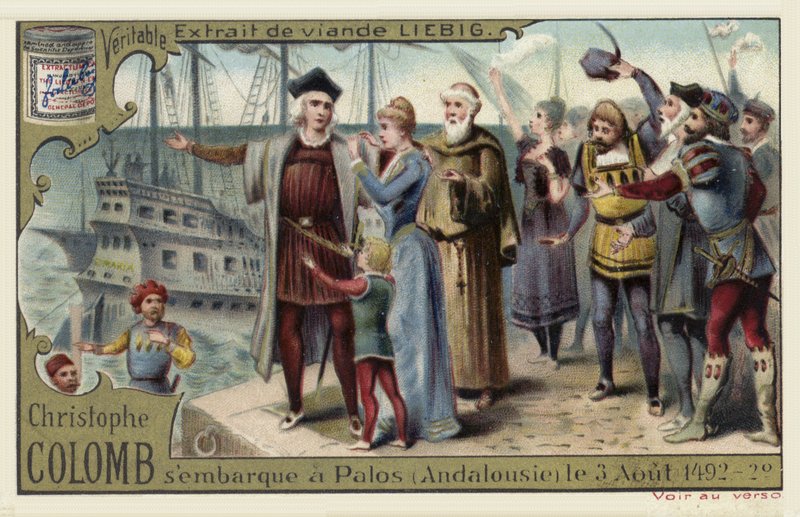 كريستوفر كولومبوس يشرع في رحلته إلى العالم الجديد ، بالوس ، إسبانيا ، 3 أغسطس 1492 بواسطة المدرسة الأوروبية