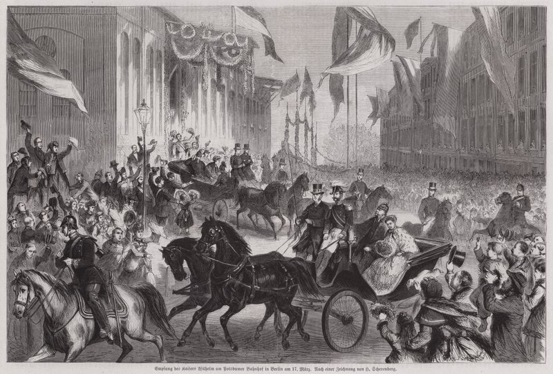 Crowds welcoming Kaiser Wilhelm I of Germany at Berlin Station بواسطة المدرسة الأوروبية