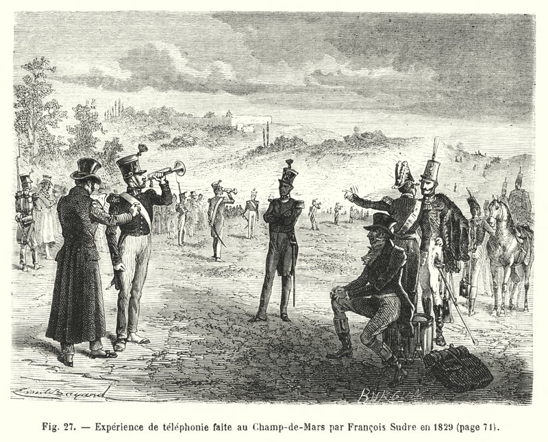 تجربة الهاتف صنع في Champ-de-Mars بواسطة Francois Sudre في عام 1829 (نقش) بواسطة المدرسة الأوروبية