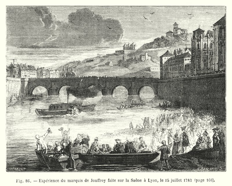 تجربة Marquis de Jouffroy التي تم إجراؤها على Saone في ليون ، 15 يوليو 1783 (نقش) بواسطة المدرسة الأوروبية
