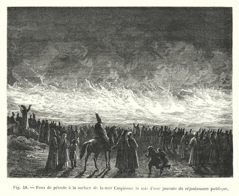 Feux de petrole a la surface de la mer Caspienne le soir d