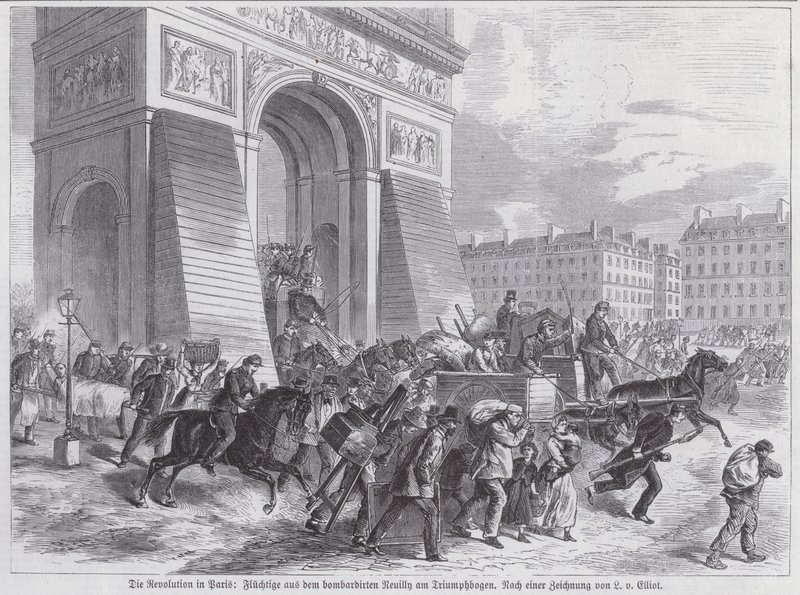 الهاربون من قصف الجيش الفرنسي لنويلي مرورًا بقوس النصر ، باريس كومونة ، أبريل 1871 (نقش) بواسطة المدرسة الأوروبية