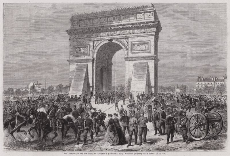German soldiers at the Arc de Triomphe, Paris, after securing victory in the Franco-Prussian War, 2 March 1871 (engraving) بواسطة المدرسة الأوروبية