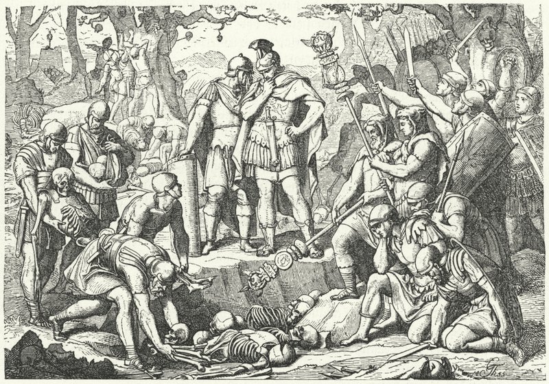 جرمانيكوس دفن عظام جنود الجيوش الرومانية الثلاثة بقيادة Publius Quinctilius Varus التي دمرها الألمان في معركة غابة تويتوبورغ في 9 قبل الميلاد (نقش) بواسطة المدرسة الأوروبية
