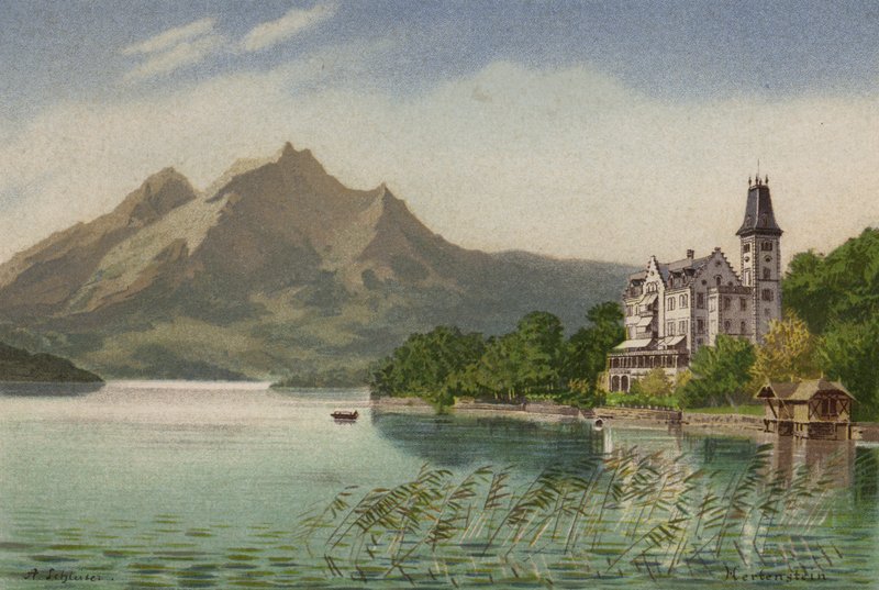 Lake Lucerne: Hertenstein (colour litho) بواسطة المدرسة الأوروبية