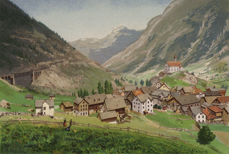 Lake Lucerne: Wasen (colour litho) بواسطة المدرسة الأوروبية