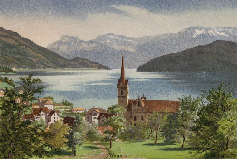 Lake Lucerne: Weggis (colour litho) بواسطة المدرسة الأوروبية