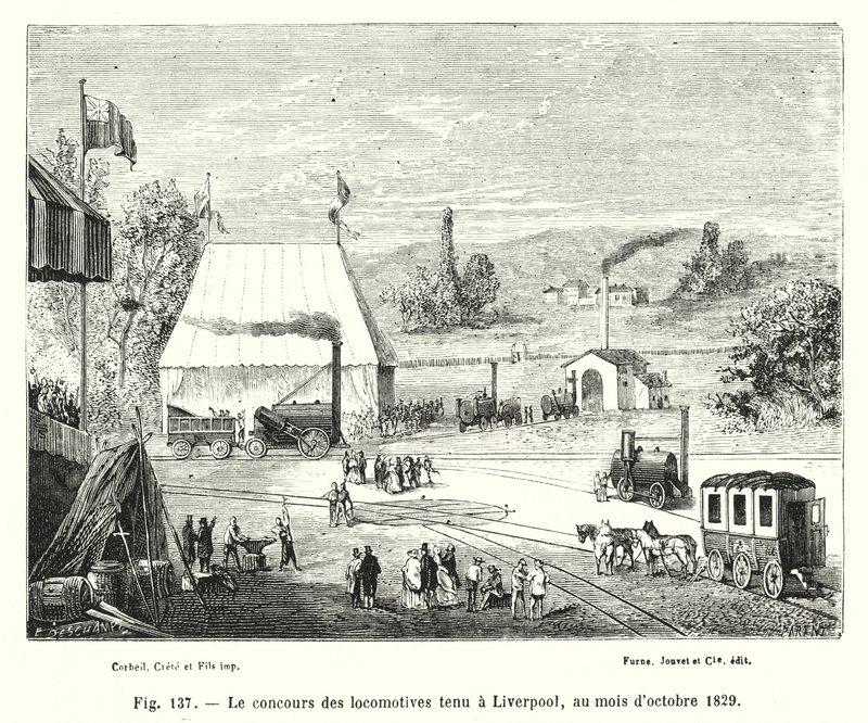 مسابقة القاطرة التي أقيمت في ليفربول في أكتوبر 1829 (نقش) بواسطة المدرسة الأوروبية