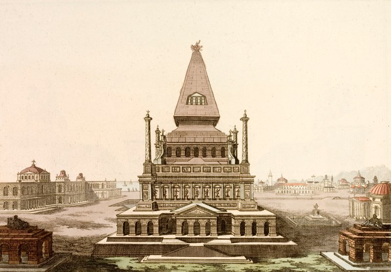 ضريح في هاليكارناسوس ، قبر المرزبان الفارسي Mausolus ، إحدى عجائب الدنيا السبع في العالم القديم (نقش ملون) بواسطة المدرسة الأوروبية
