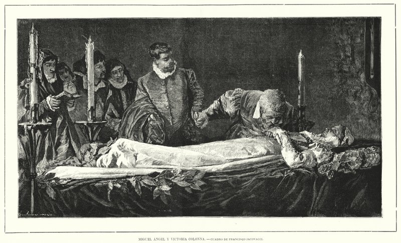 Michelangelo honouring the dead body of Vittoria Colonna (litho) بواسطة المدرسة الأوروبية