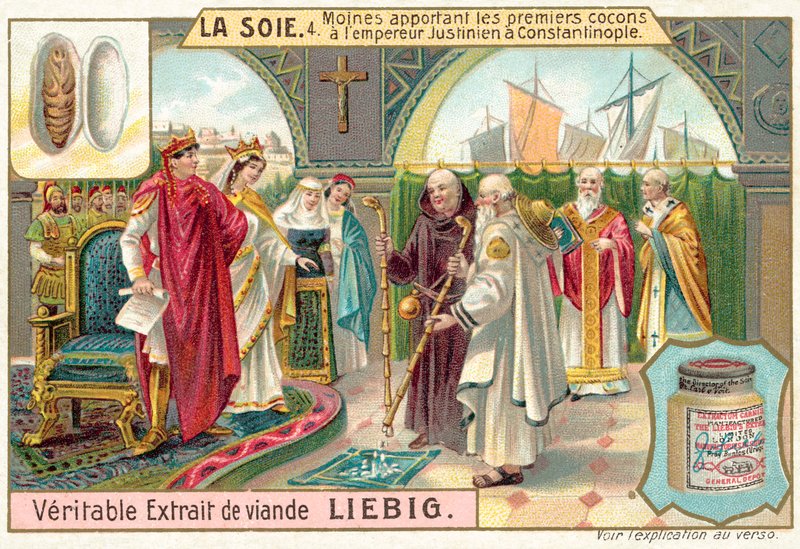 رهبان يجلبون شرانق الحرير الأولى إلى الإمبراطور جستنيان في القسطنطينية (كروموليثو) بواسطة المدرسة الأوروبية