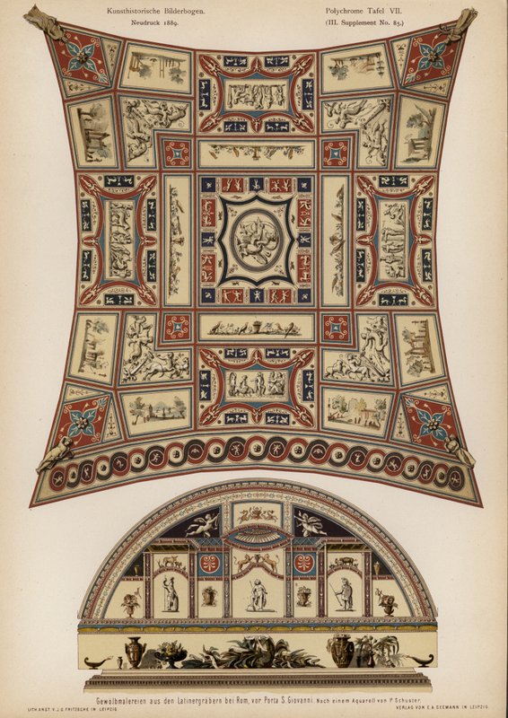 Painted vault of a Roman tomb on the Via Latina, Rome (colour litho) بواسطة المدرسة الأوروبية