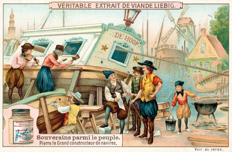 Peter the Great working as a shipbuilder in the Netherlands (chromolitho) بواسطة المدرسة الأوروبية