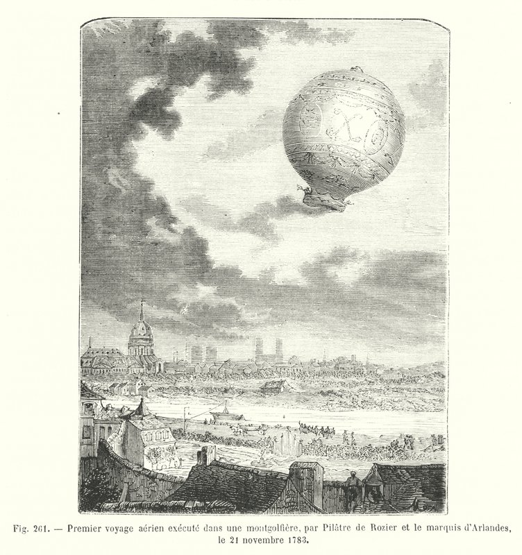 أول رحلة جوية تم إجراؤها في منطاد الهواء الساخن ، بواسطة Pilatre de Rozier و Marquis d'Arlandes ، 21 نوفمبر 1783 (نقش) بواسطة المدرسة الأوروبية