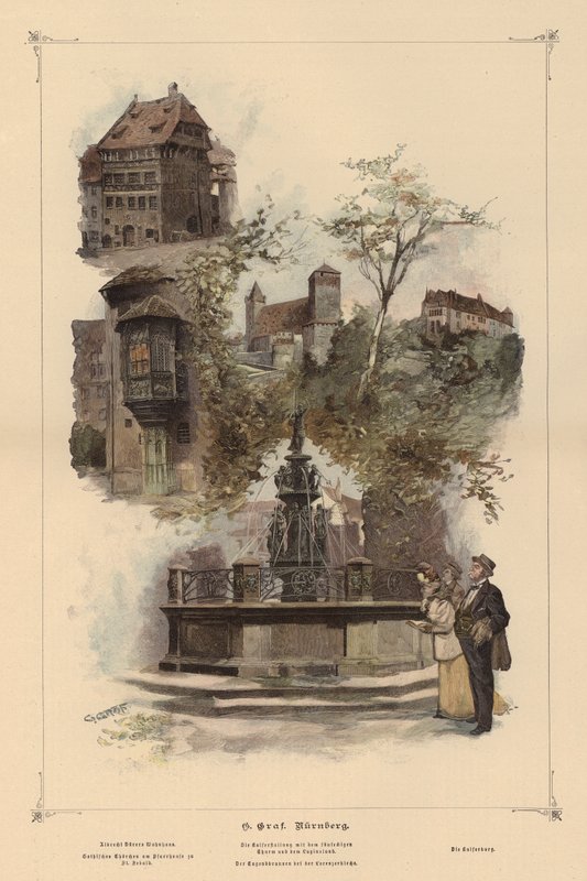 Prominent buildings in Nuremberg, Germany (coloured engraving) بواسطة المدرسة الأوروبية