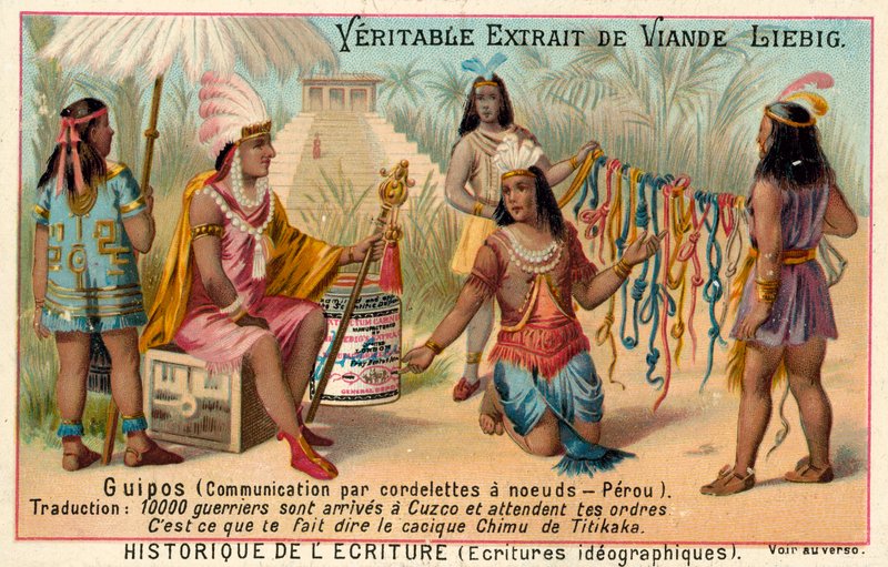 Quipus, system of communication using knotted strings, Peru (chromolitho) بواسطة المدرسة الأوروبية