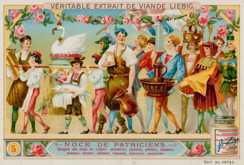 ممثلون من حرف مختلفة: Winemerchant ، Chef ، Fisherman ، Huntsman ، Brewer ، Smith ، Pastry Chef ، Weaver ، Butcher و Shoemaker. بواسطة المدرسة الأوروبية