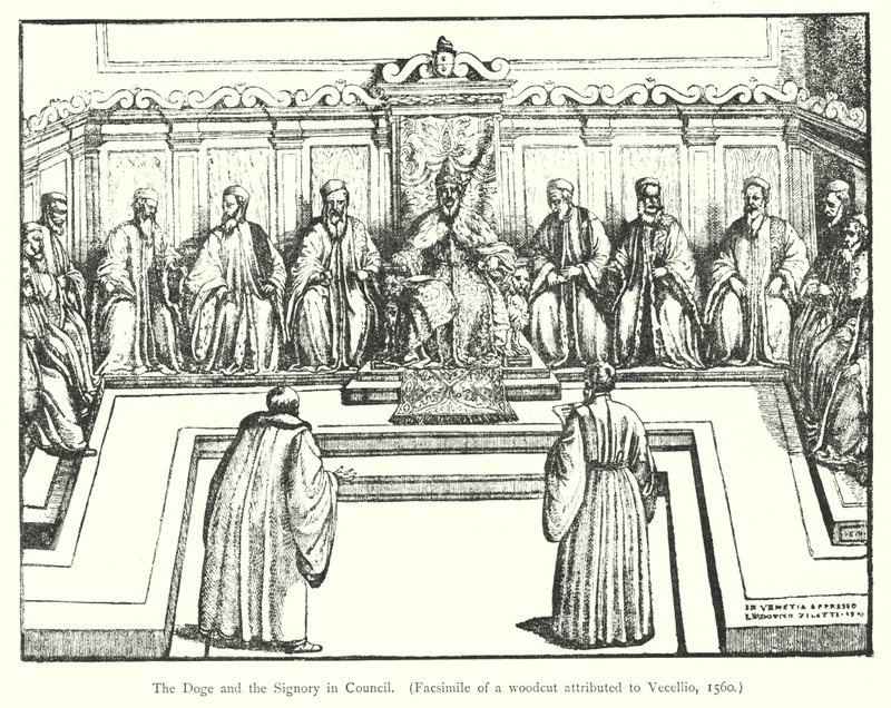The Doge and the Signory in Council (نقش) بواسطة المدرسة الأوروبية