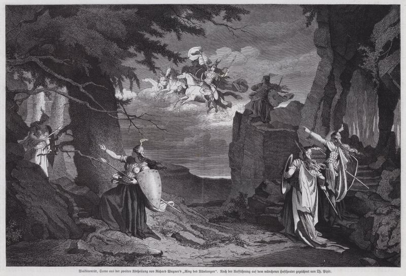 The Ride of the Valkyries ، مشهد من Die Walkure ، الأوبرا الثانية لريتشارد واغنر في Der Ring des Nibelungen ، تم عرضها في المسرح الوطني ، ميونيخ (نقش) بواسطة المدرسة الأوروبية