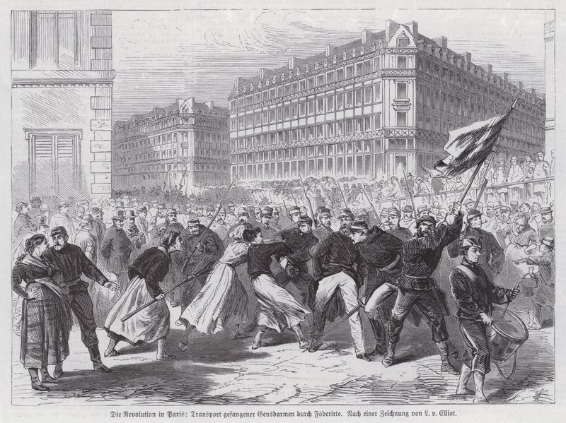 Women attacking captured gendarmes being escorted by National Guards, Paris Commune بواسطة المدرسة الأوروبية