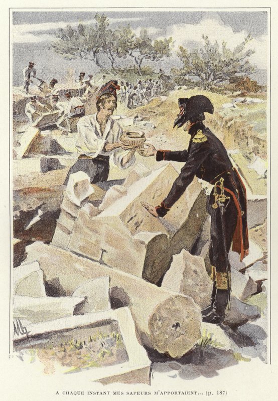 جندي يمرر وعاءًا إلى جندي آخر بين أنقاض نيكوبوليس بواسطة Felicien baron de Myrbach Rheinfeld