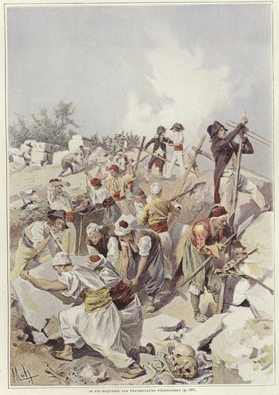 جنود ومدنيون يقومون ببناء حاجز بواسطة Felicien baron de Myrbach Rheinfeld