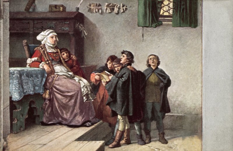 مارتن لوثر يغني لـ Frau Cotta عندما كان طالبًا في Eisenach ، ألمانيا ، 1499 بواسطة فرديناند فيلهلم باولز