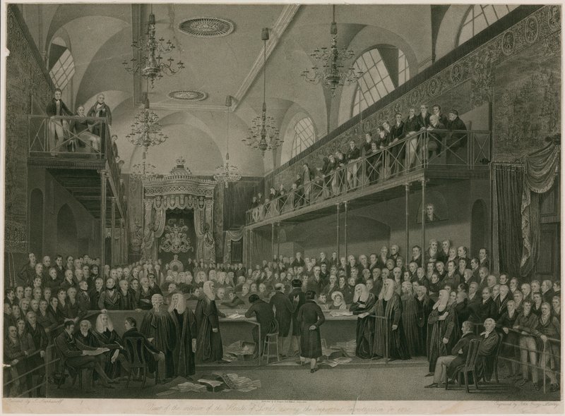 منظر داخلي من House of Lords أثناء التحقيق المهم في عام 1820 (نقش) بواسطة فرانسيس فيليب (بعد) ستيفانوف